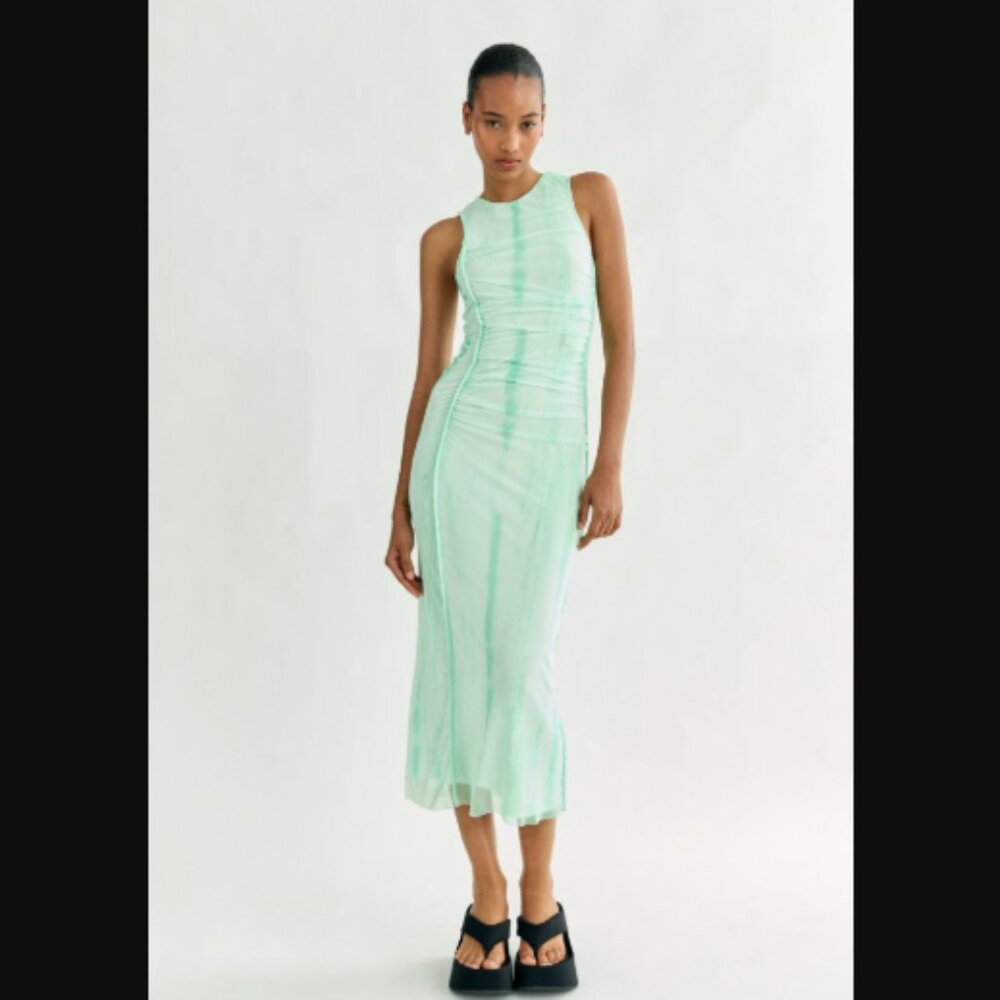 NWT Zara Light Green Printed Tulle Ruched Midi Bodycon Dress Size S